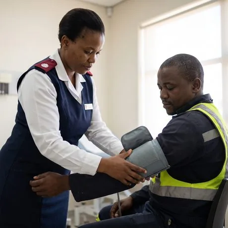 A nurse taking a worker’s blood pressure
