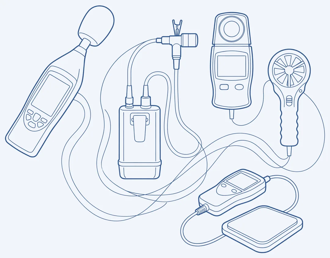 Occupational hygiene survey instruments drawn as connected line diagrams
