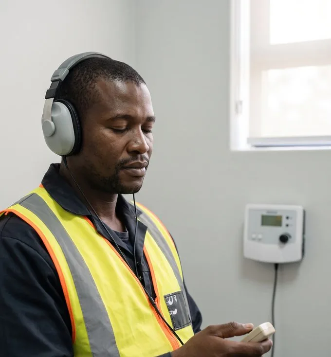 A worker undergoing an audiometric hearing test