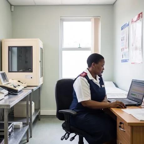 A nurse capturing medical results at the clinic terminal